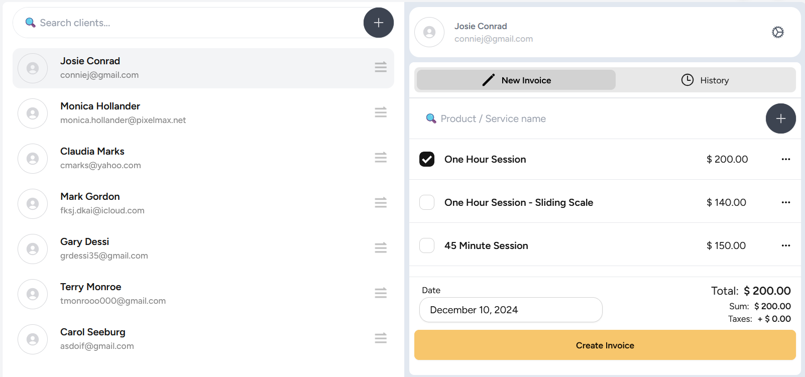 Ottomatiq screenshot: Add your clients and your products and services and you're ready to start collecting payments and sending receipts.