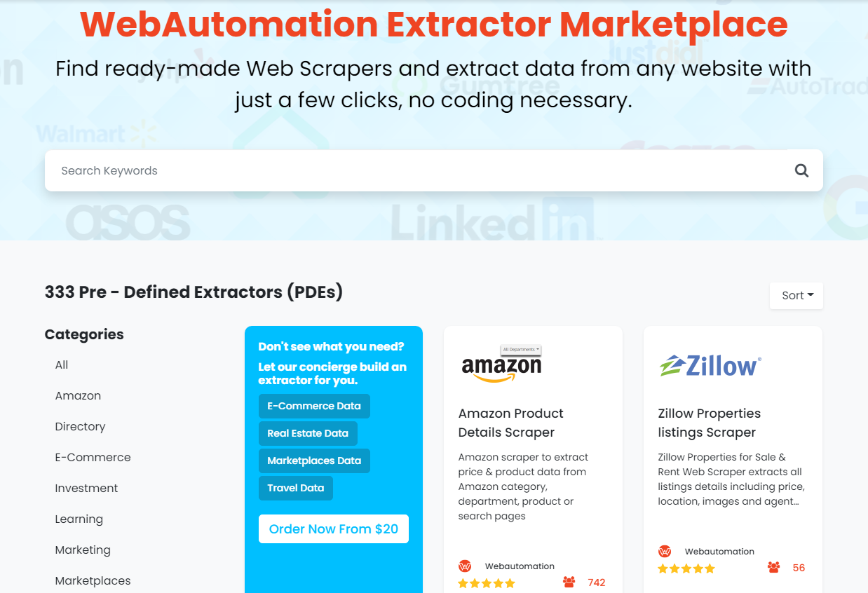 WebAutomation Pre-defined Data Extractor Marketplace