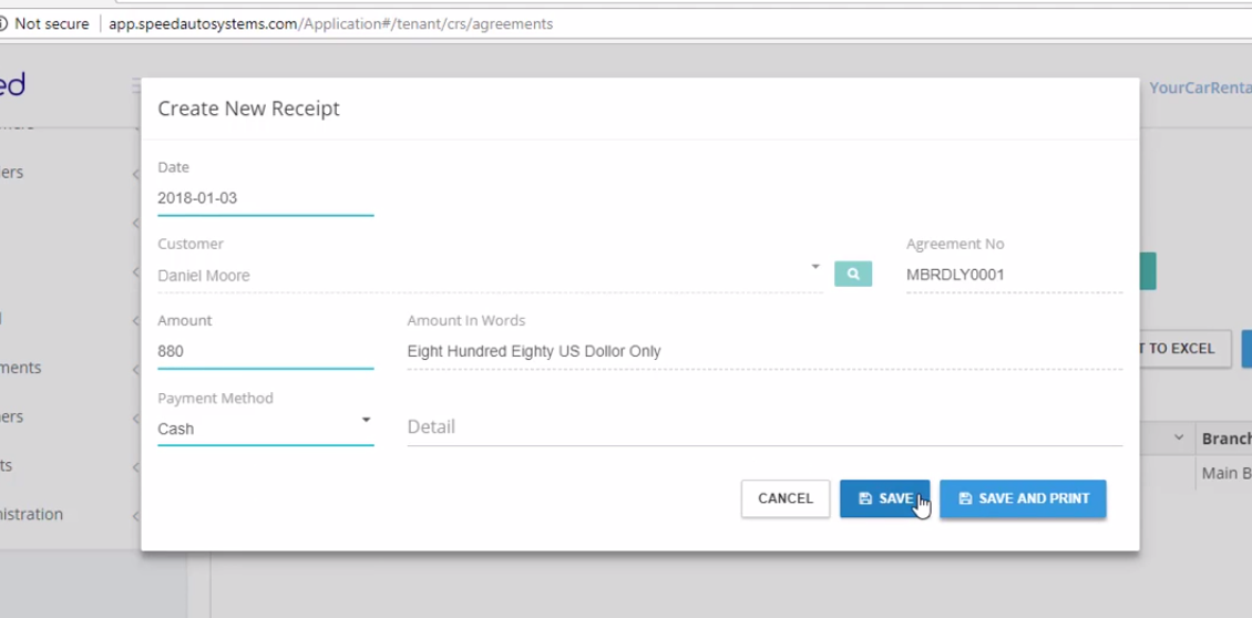 Speed Car Rental System Software - Add Receipt Interface