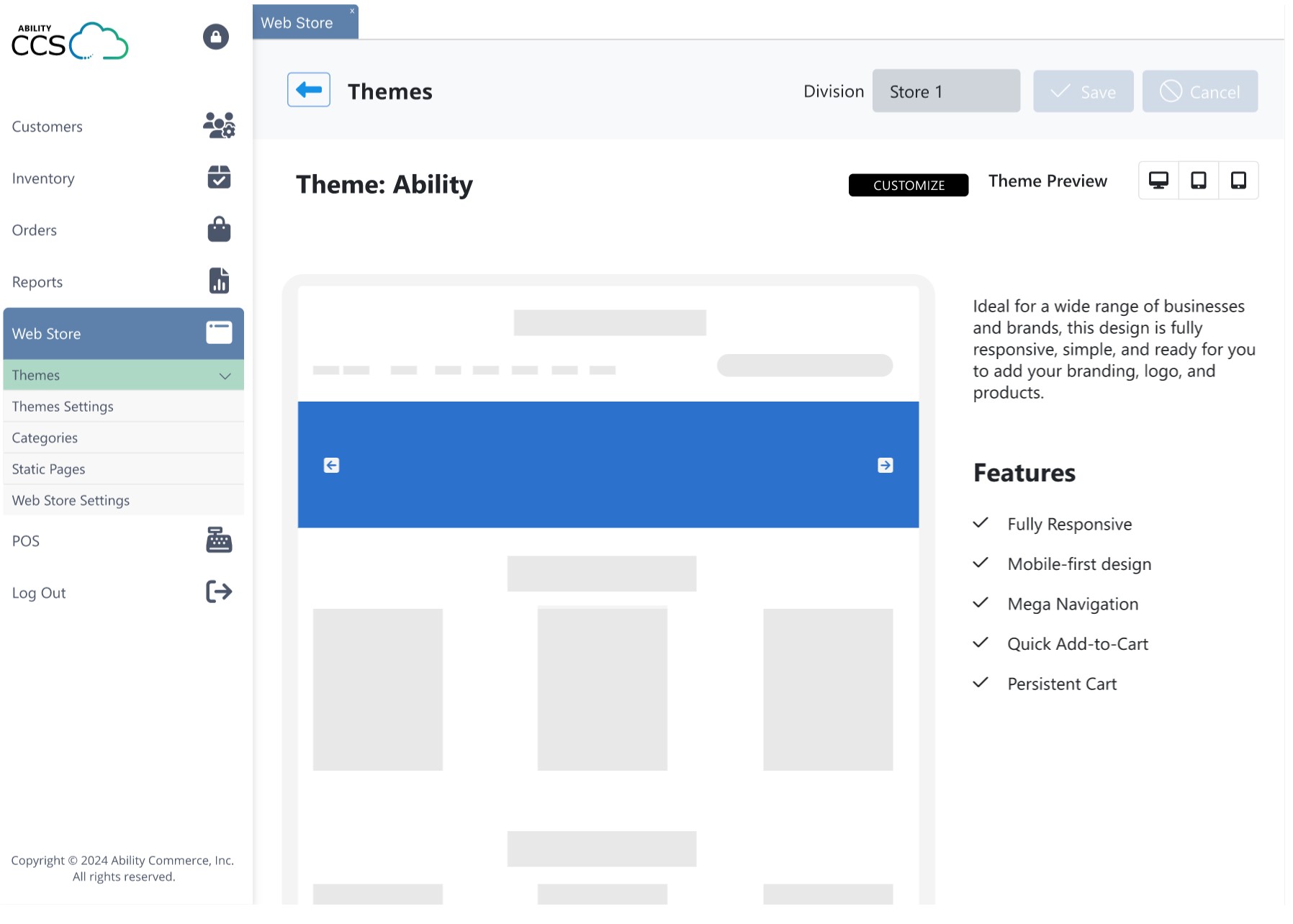 Ability Web Store screenshot: Ability Web Store features include full responsive design, mobile-first design, mega navigation, quick Add-To-Cart and Persistent Cart, Drag and drop page building and fully-customizable themes with built-in HTML, CSS and JavaScript.