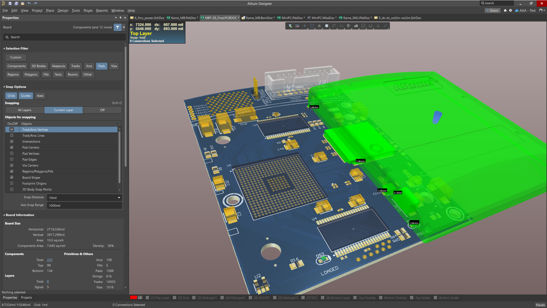 Altium Designer's 3D PCB editor allows you to perform 3D collision testing as well as catching general component-to-component collisions. Confidently position one component under another, or test if the loaded board fits correctly into the enclosure.
