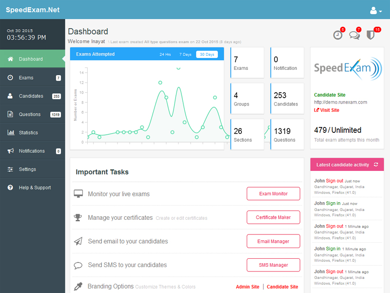 SpeedExam Software - Dashboard