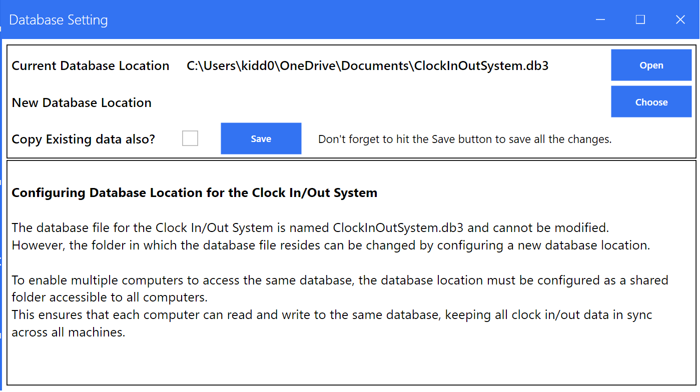 Employee Time Clock Software Software - Database setting