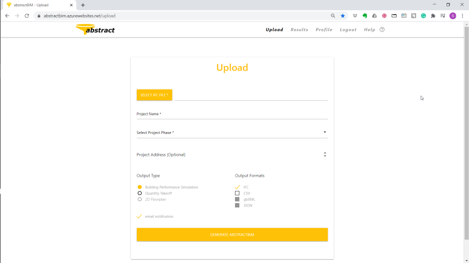 abstractBIM screenshot: abstractBIM upload files for simulation
