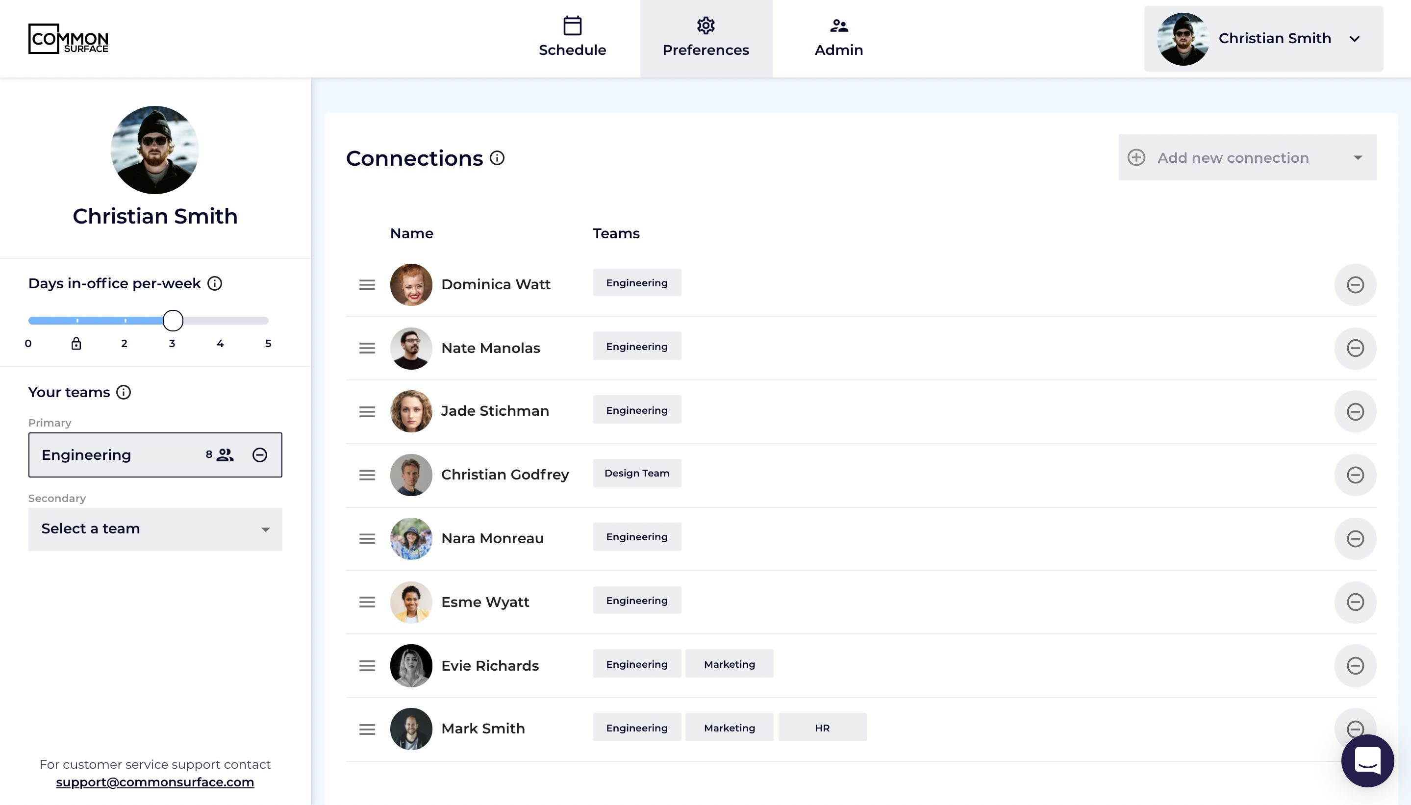 Users input their preferences into Common Surface: the number of days they spend in the office each week, their teams, and their connections. Common Surface takes this information and generates a tailored schedule for all employees.