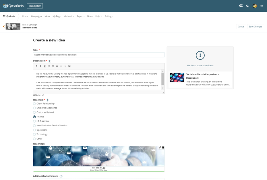 Qmarkets Idea Management Software - Qmarkets' Idea Submission Form