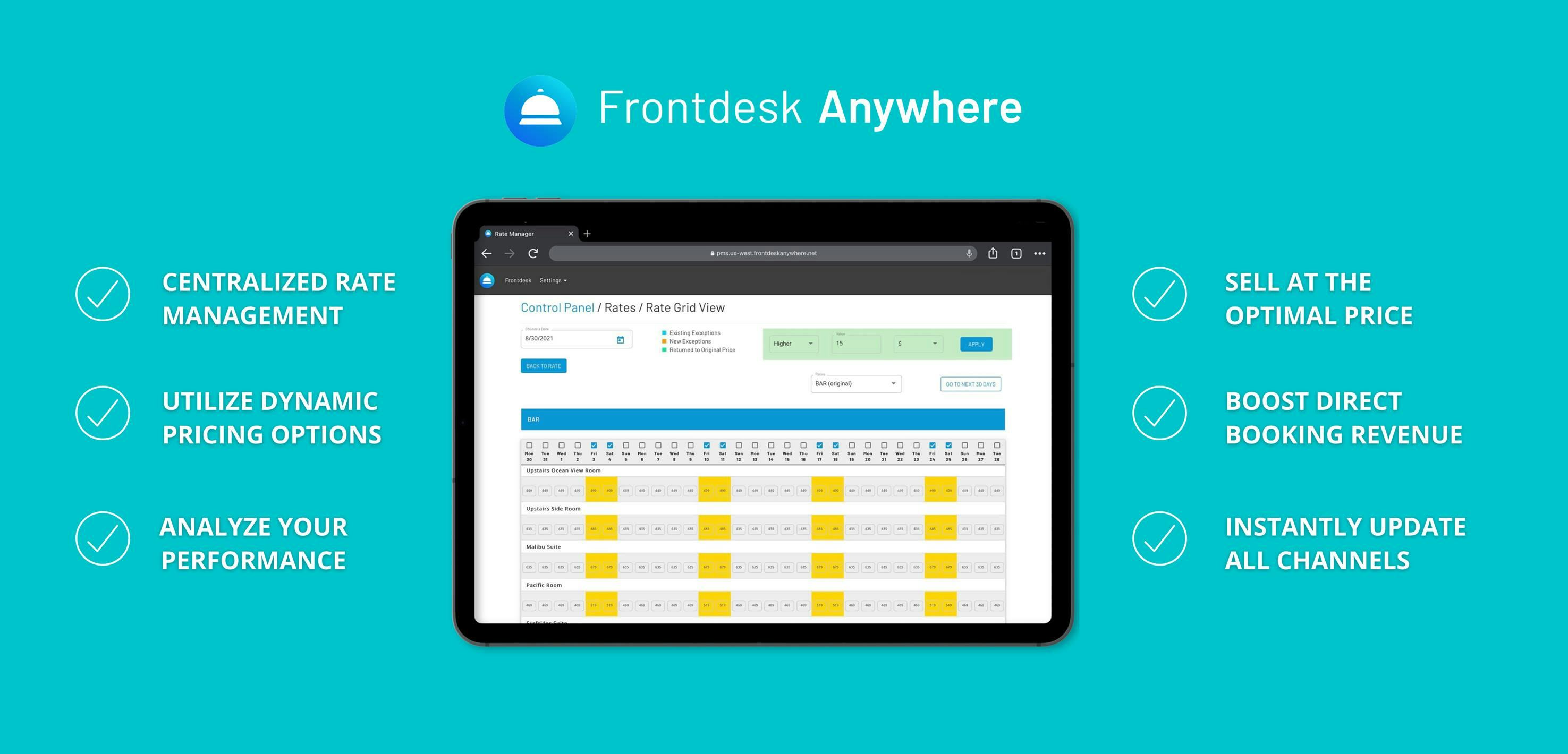 Frontdesk Anywhere Software - Implement yield management and advanced pricing strategies not just at the property level but across your website and all distribution channels with real time updates