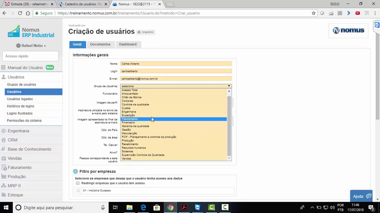 Nomus screenshot: Nomus user information