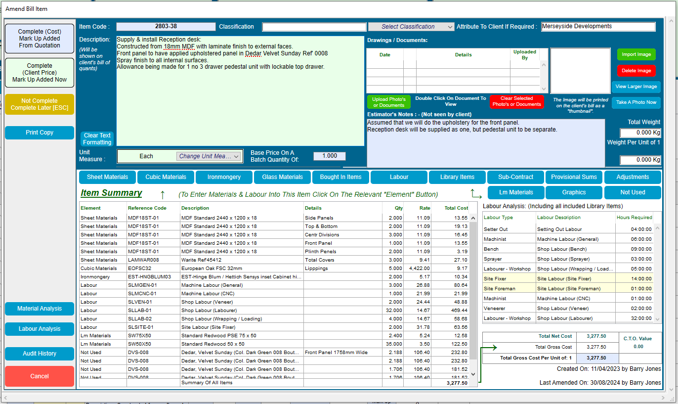 Contract Controller Software - Allowing the estimator to draw from a core material library along with pre-priced library items, ensures that bill items are at the correct cost and having the correct labour rates, allowing management to apply the required markup and profit margins.