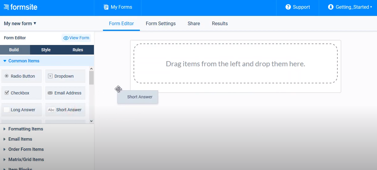 Formsite drag and drop elements
