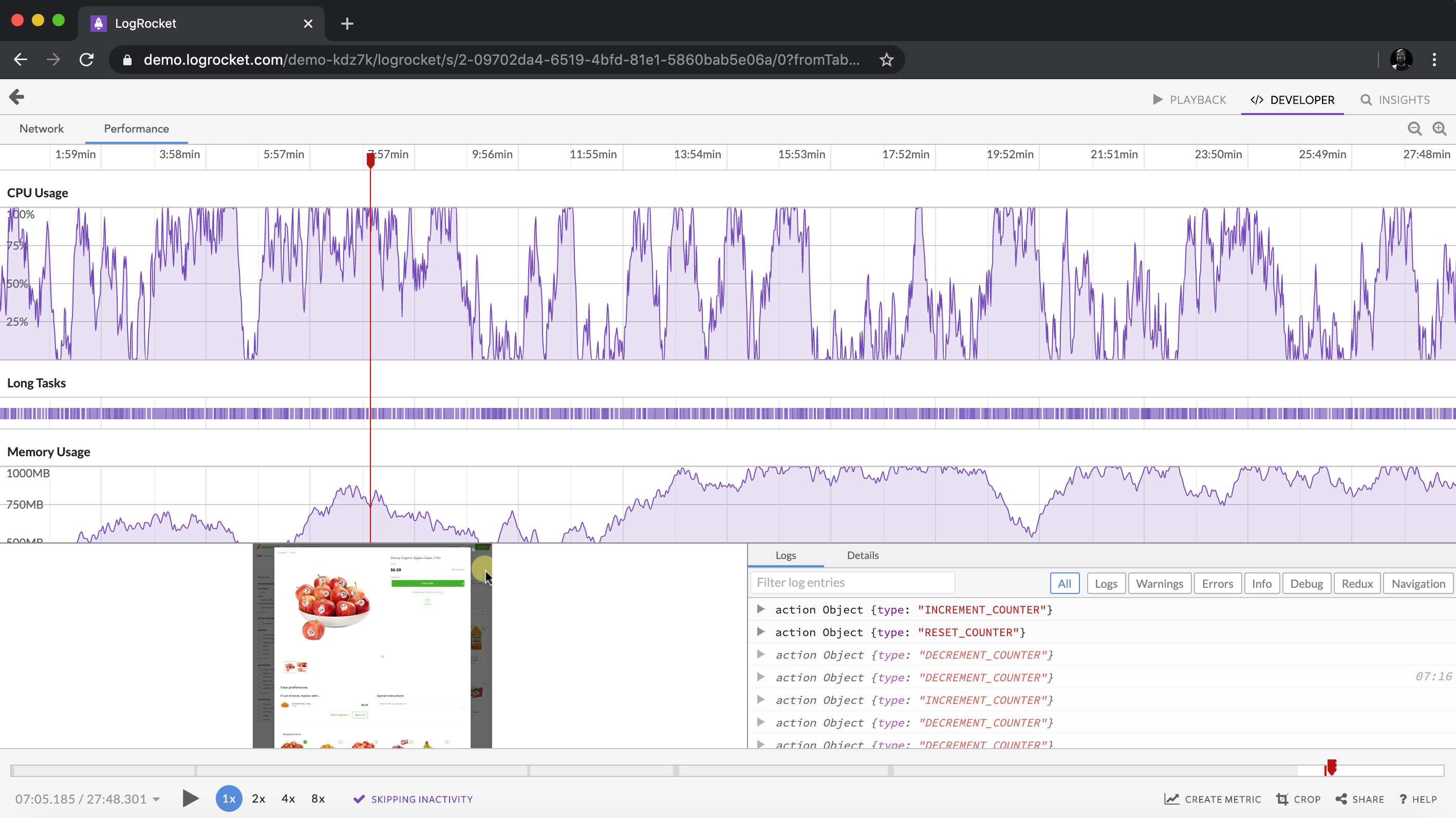 Performance Monitoring: in addition to aggregating performance metrics across all users, LogRocket can also monitor browser-based performance measures like CPU and memory usage.
