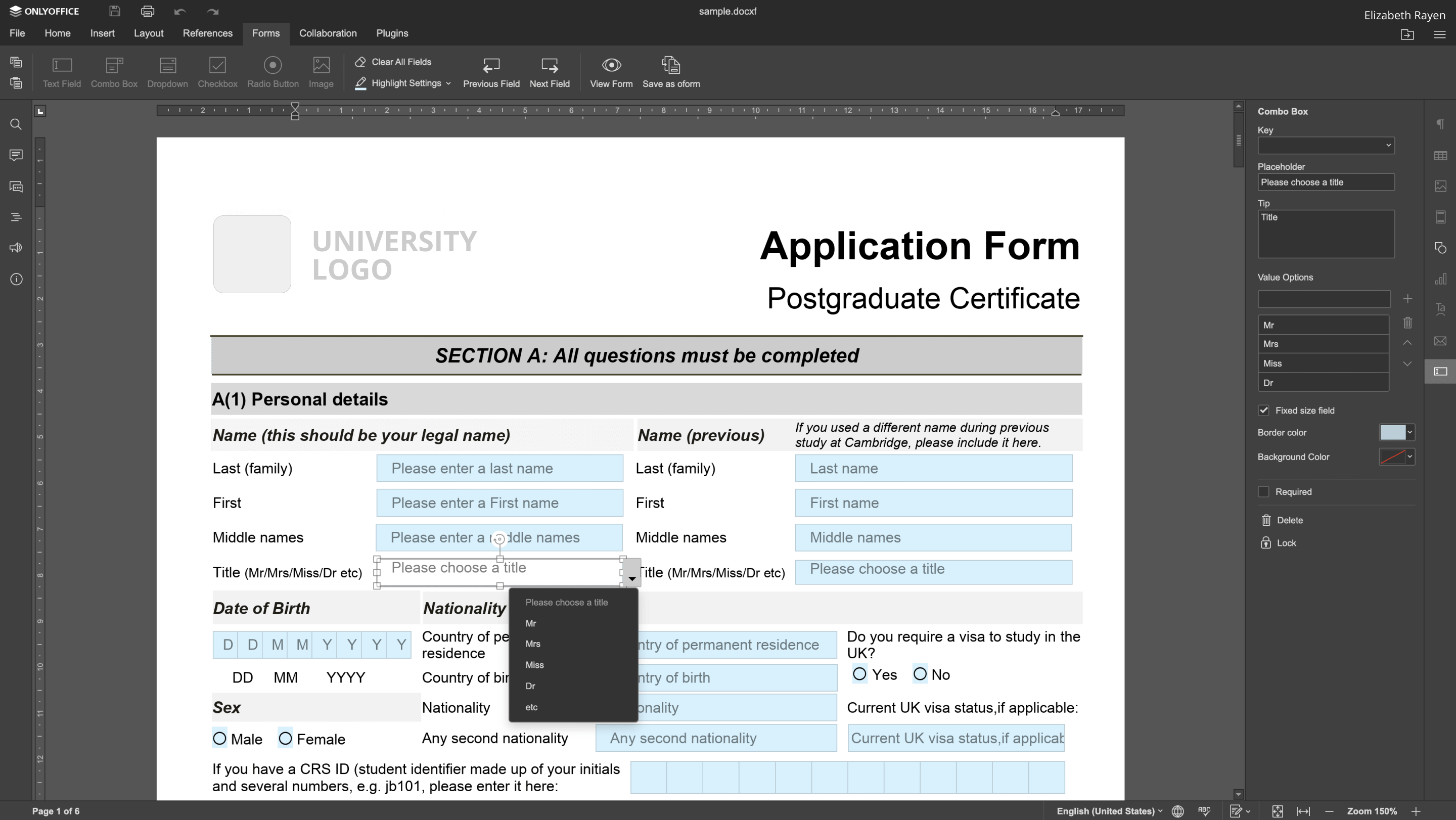 Creating forms in ONLYOFFICE Docs