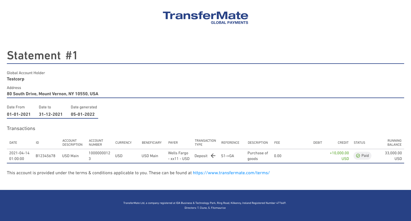 TransferMate screenshot: An example of a Smart Statement on the TransferMate Platform