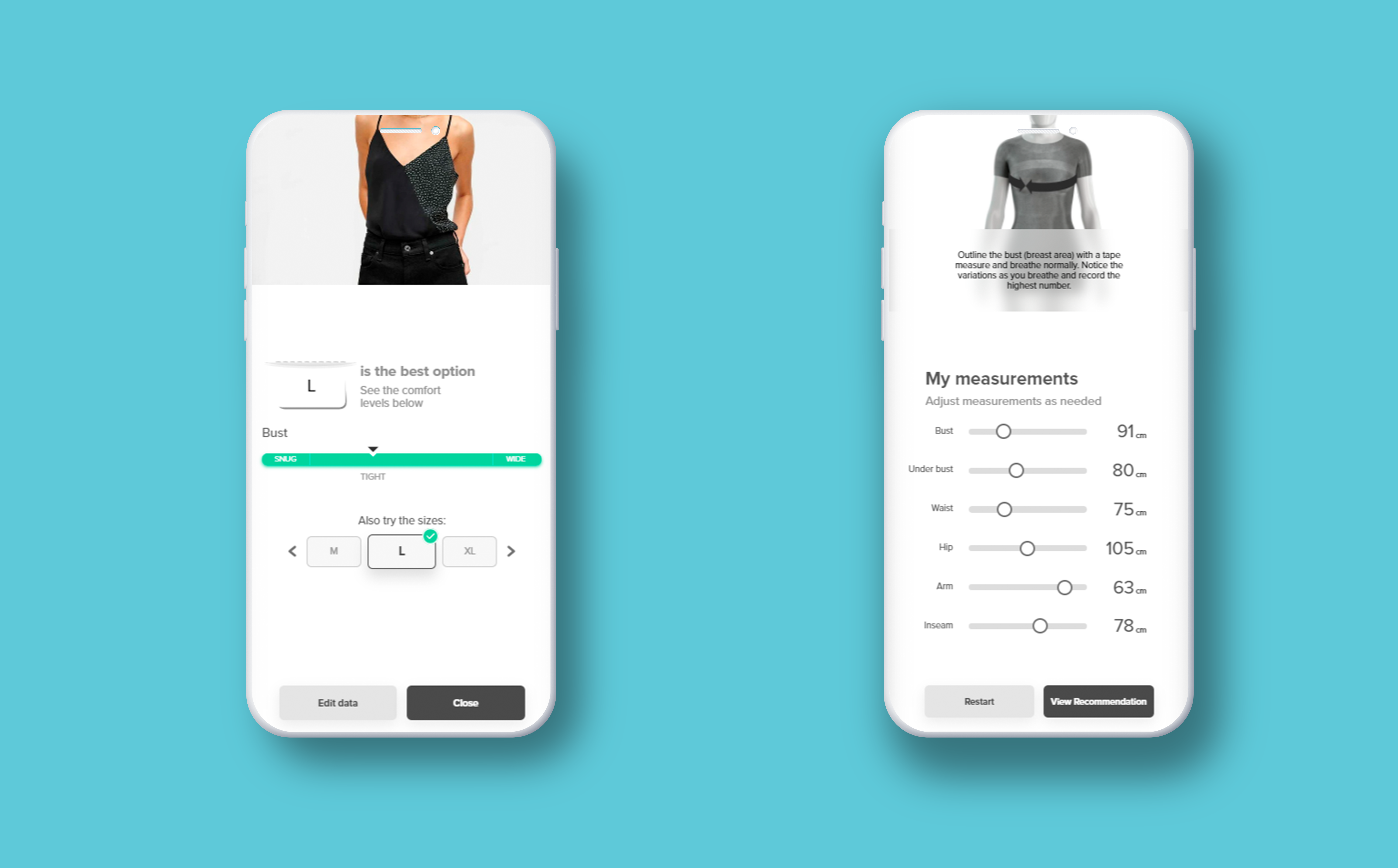 Then, the algorithm makes a size recommendation, and the client also can see and adjust the body measurements predicted to a better fit.
