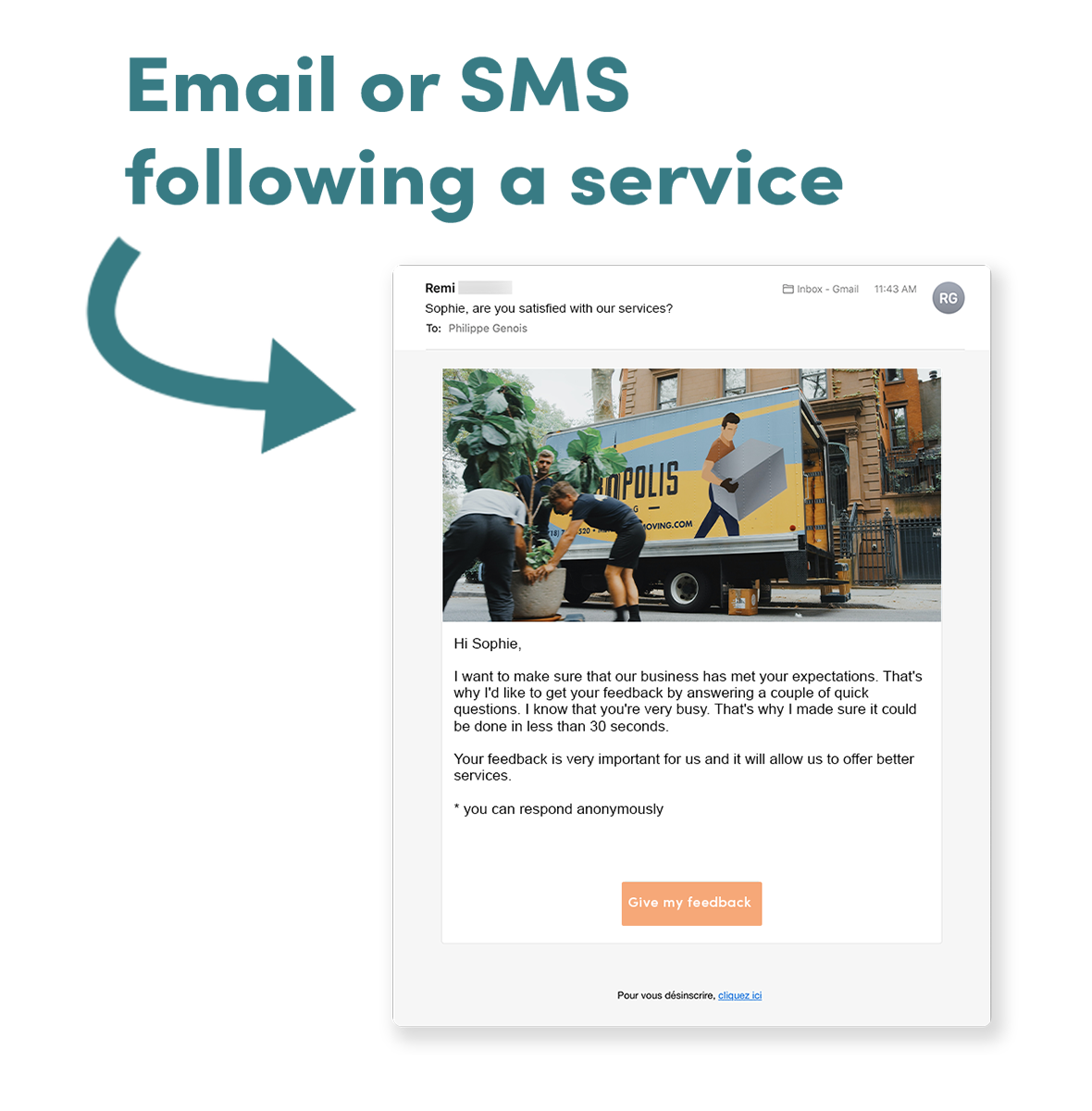 InputKit screenshot: Send an automated email or SMS after each experience, at the moment of your choice.