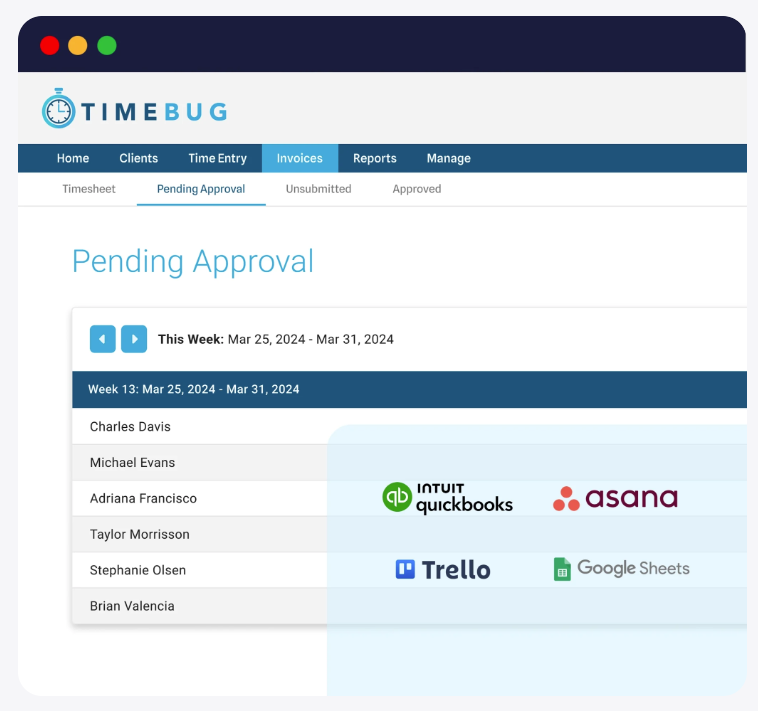 Timebug screenshot: Timebug pending approvals