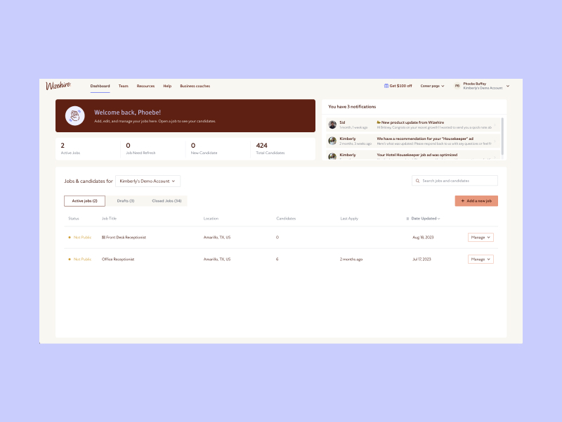 Wizehire screenshot: Wizehire Dashboard