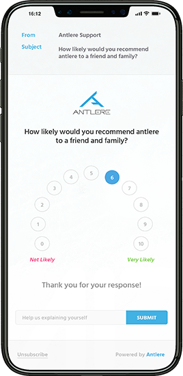 Antlere Software - NPS surveys can be distributed via email, SMS, web links, and more