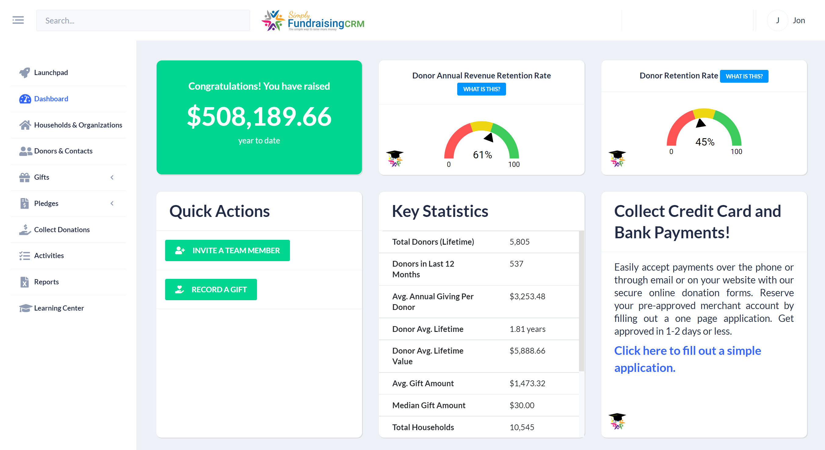 SimplyFundraisingCRM screenshot: The sharable Dashboard gives insight into everything you need to know for day-to-day fundraising as well as upcoming board meetings.