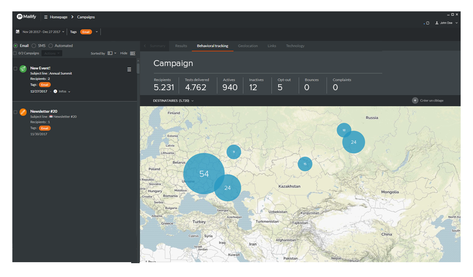 In the statistics menu you can see how many people opened the campaigns, how many people clicked on the links, unsubscribed... You can even see where they are!