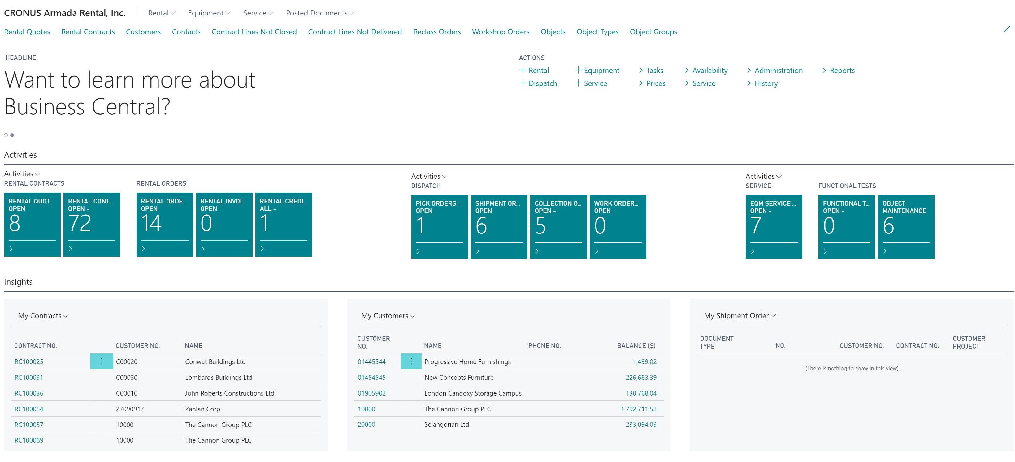 STAR Events Rental screenshot: Here is the Home screen as you see it in Microsoft Dynamics 365 Business Central, their leading ERP system. Note the Dashboard layout and cutomizable tiles for this user. They help identify daily tasks to be completed. At the bottom are valuable insights.