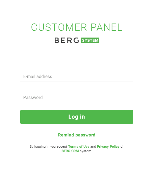 Berg CRM screenshot: Berg CRM Customer Panel
