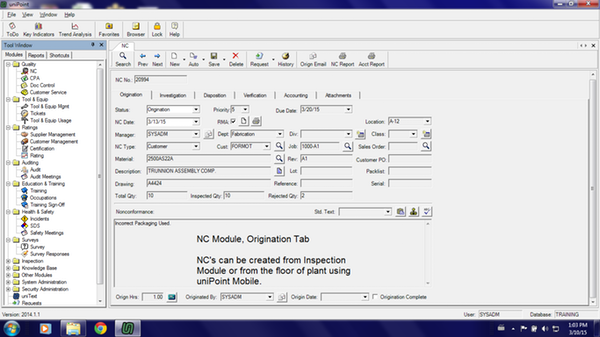 UniPoint Quality Management Software Software - uniPoint Quality Management Software inspection module screenshot
