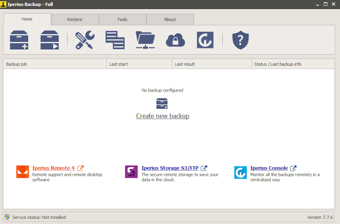Iperius Backup screenshot: Home Iperius Backup