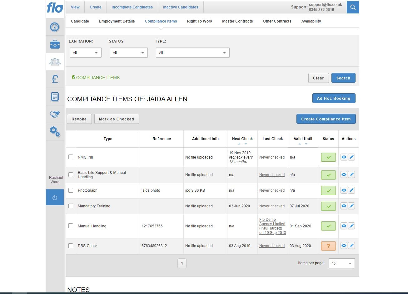 The compliance page of a candidate to indicate compliance status
