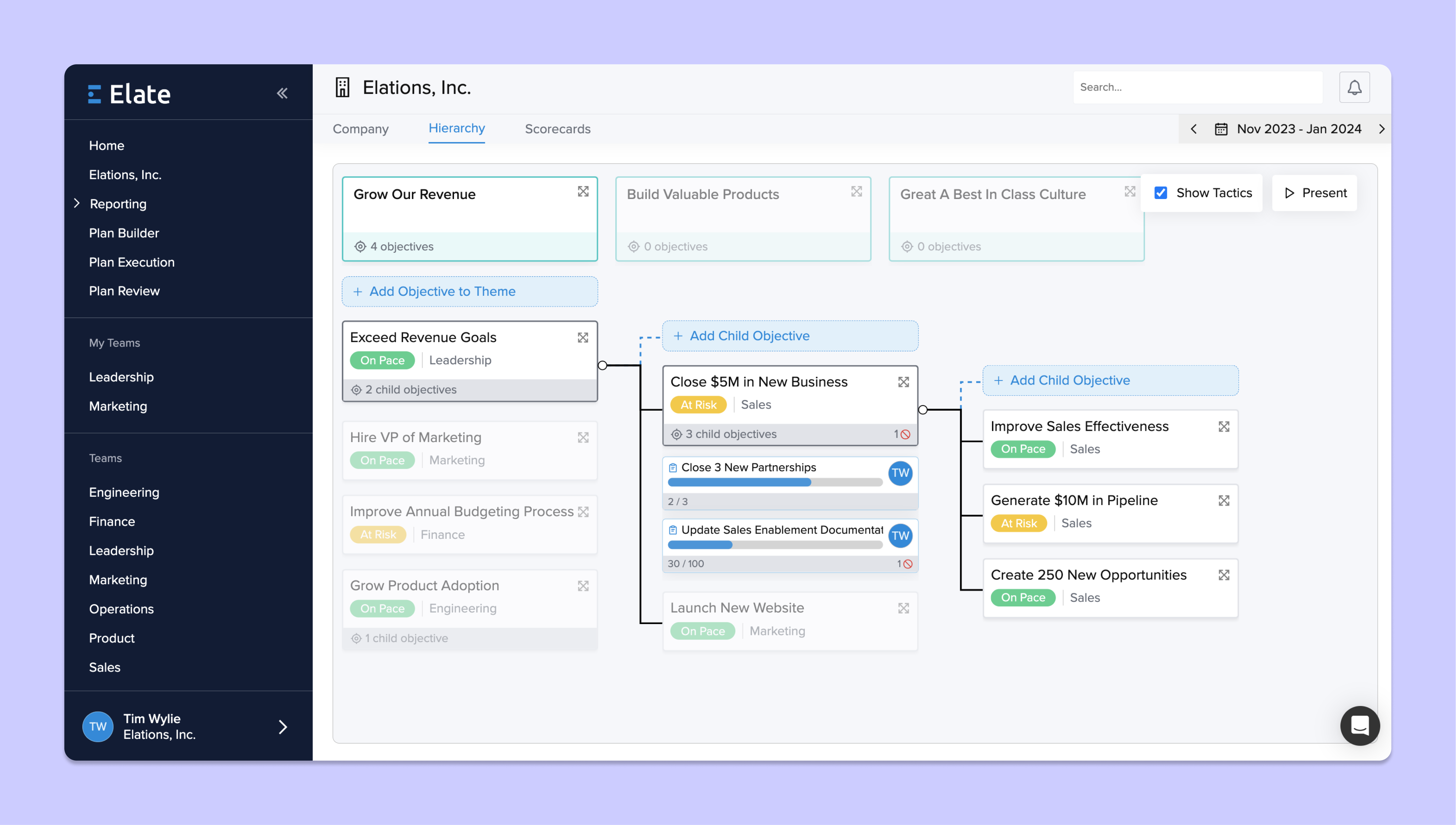 Build a healthy, well-connected strategy and uncover blockers with Hierarchy View. Drill down into Tactics and the Outputs required to achieve your Objectives.