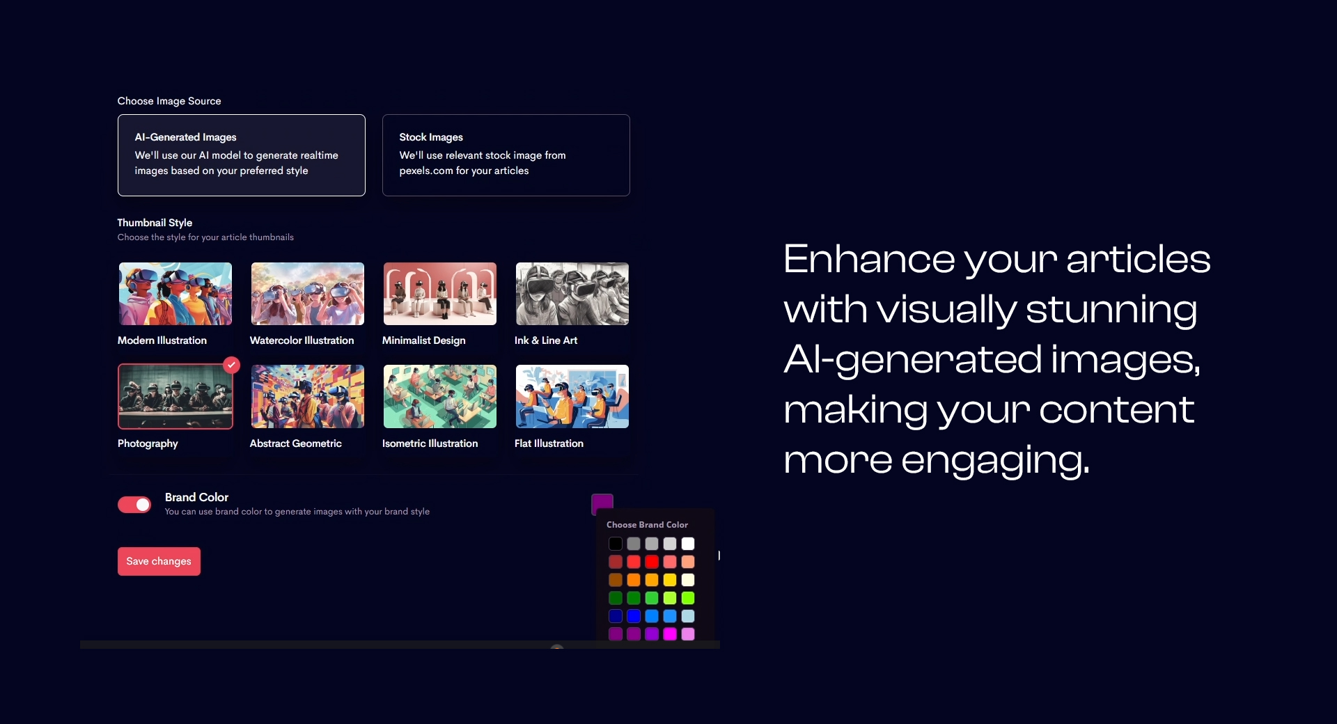 Enhance your articles with visually stunning AI-generated images, making your content more engaging.