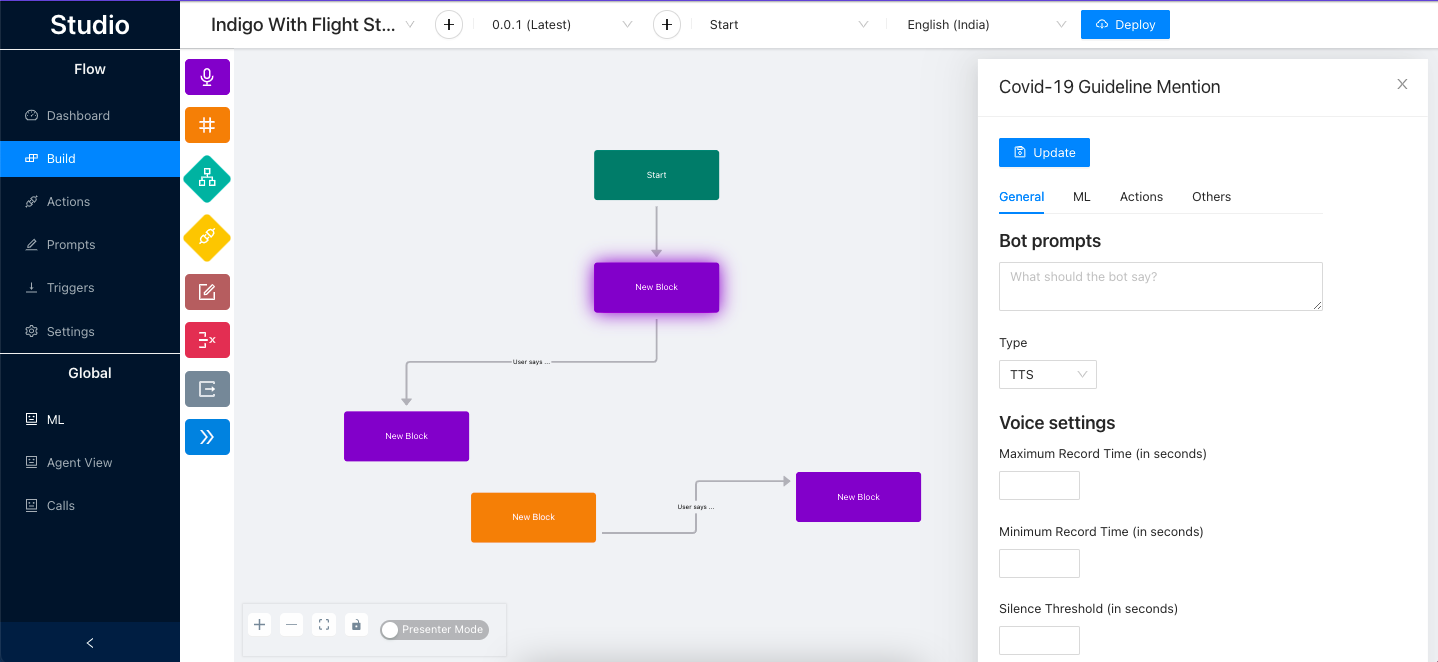 Flow Builder: Build and deploy the conversational flow using drag n drop interface.