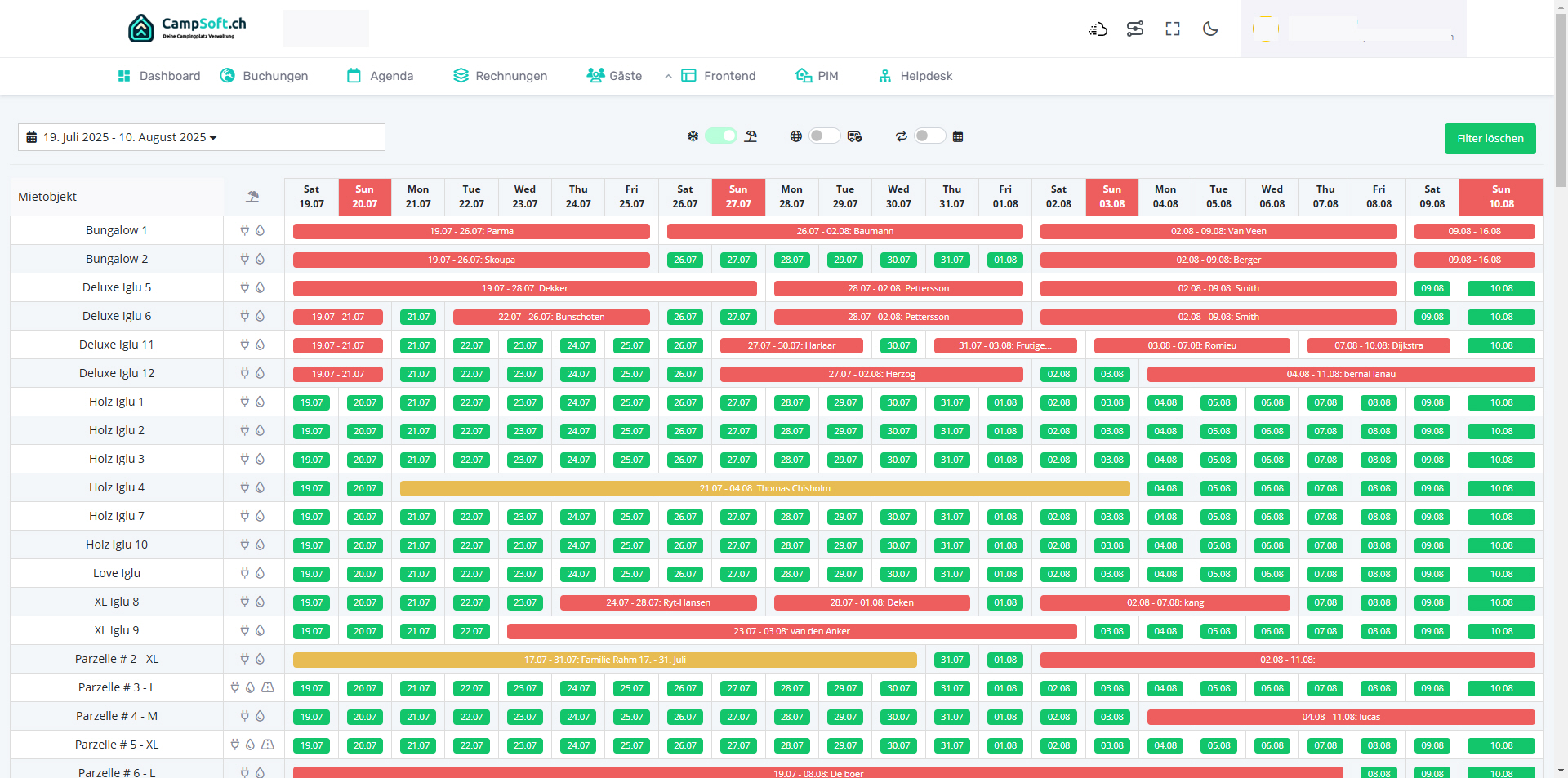 CampSoft screenshot: The CampSoft.ch Agenda view is a user-friendly booking calendar for Swiss campgrounds. It features color-coded reservations, guest details, site assignments, and quick-access filters. A clean, intuitive interface ensures seamless campground management.