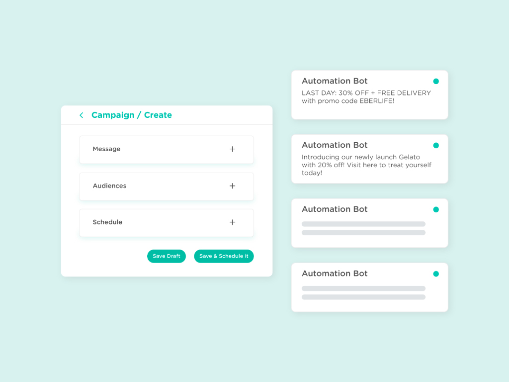 Eber screenshot: Set up and manage automated messages based on specific member events or criteria. Send automated messages via Email or SMS
