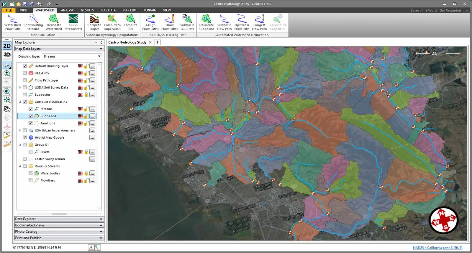 Delineate subbasins and watersheds from 3D digital elevation terrain data. Utilize AutoCAD Civil 3D surfaces, MicroStation surfaces, contours, TINs, DTMs, DEMs, survey points, LiDAR, and other external digital elevation terrain data.