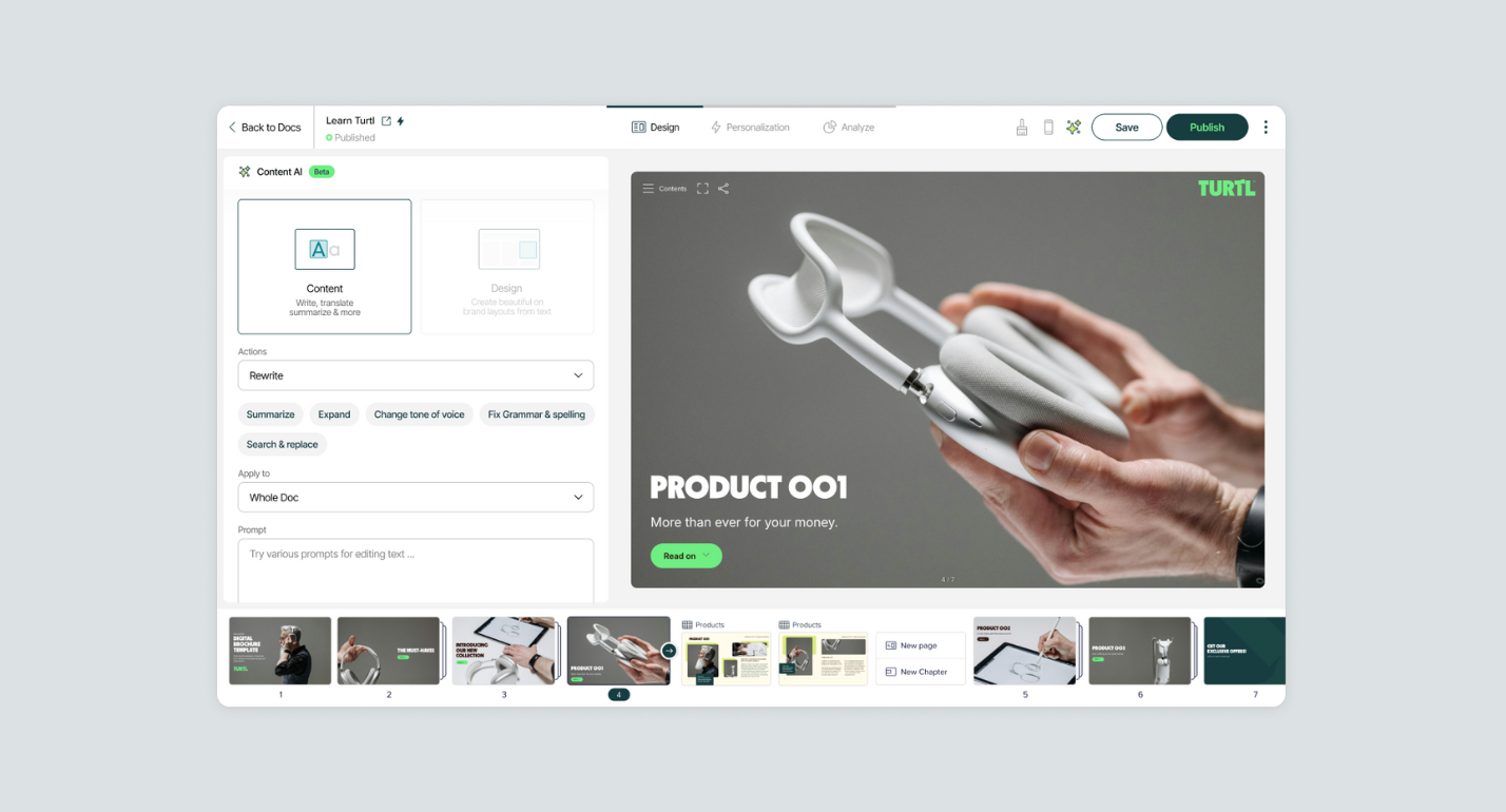 Turtl screenshot: Quickly create over 50 types of content including brochures, eBooks and more. No design or code required.