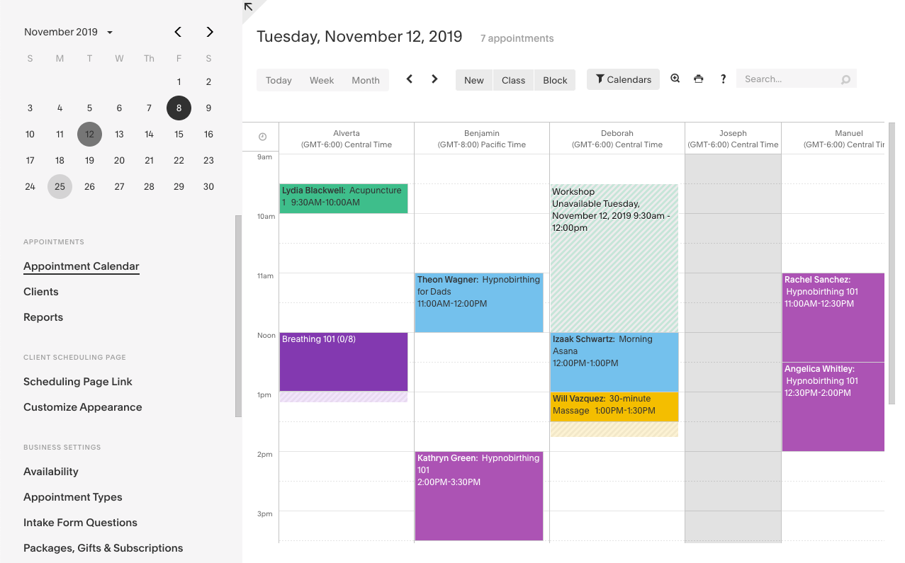 View and manage appointments on a color-coded calendar, with day, week and month views
