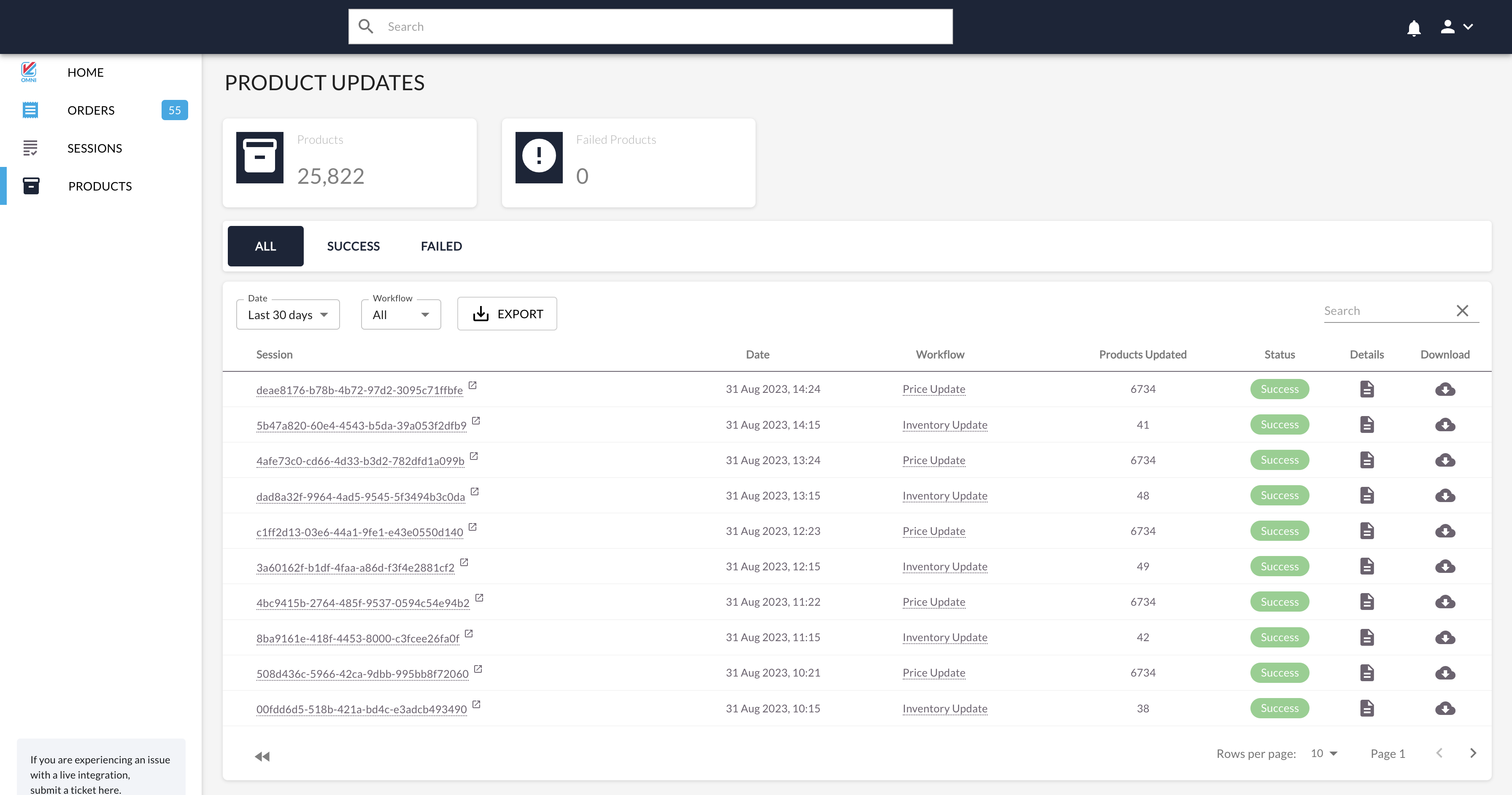 The Products Page is a live view of your business' integrated Inventory and Fulfillments.