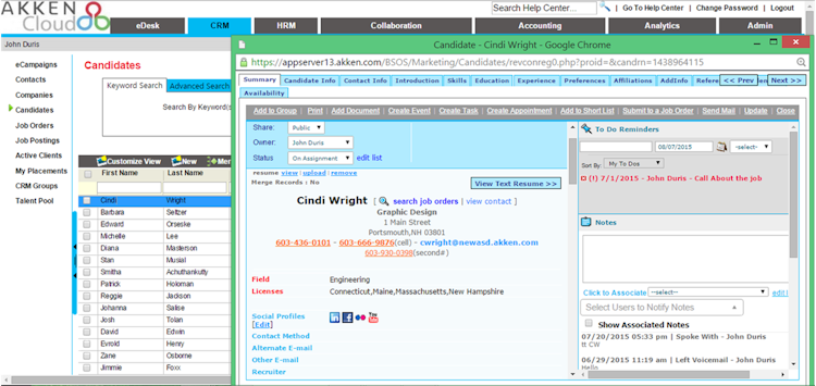 AkkenCloud screenshot: AkkenCloud's candidate section lets users view and manage all candidate information