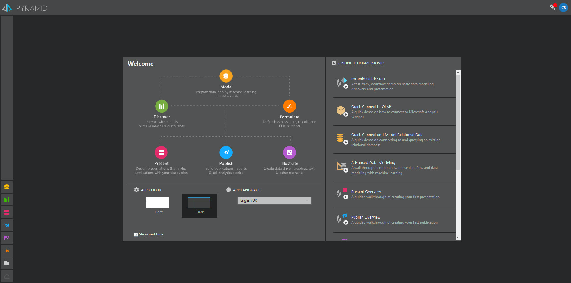 Home screen where users can access all modules, shared content, and adminstrative controls.