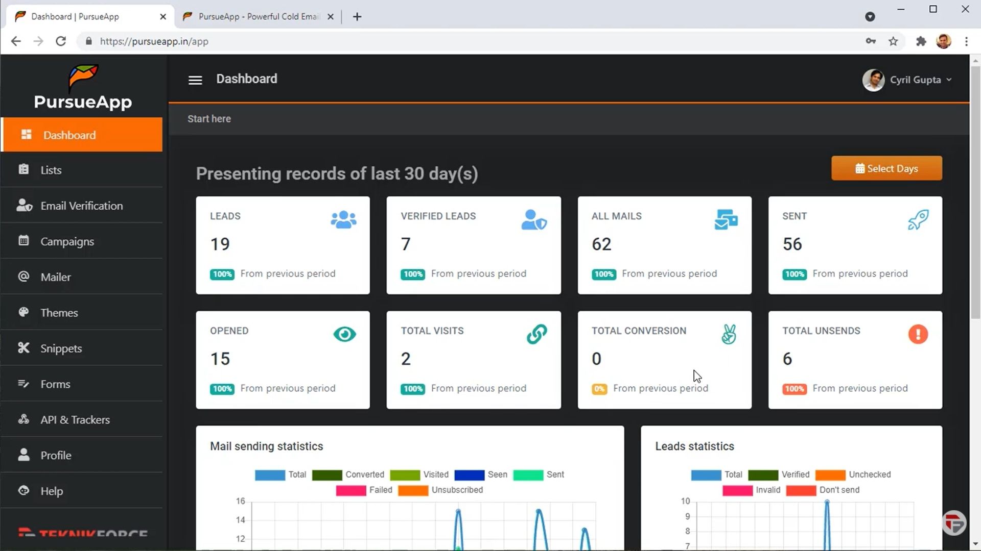 PursueApp screenshot: PursueApp dashboard