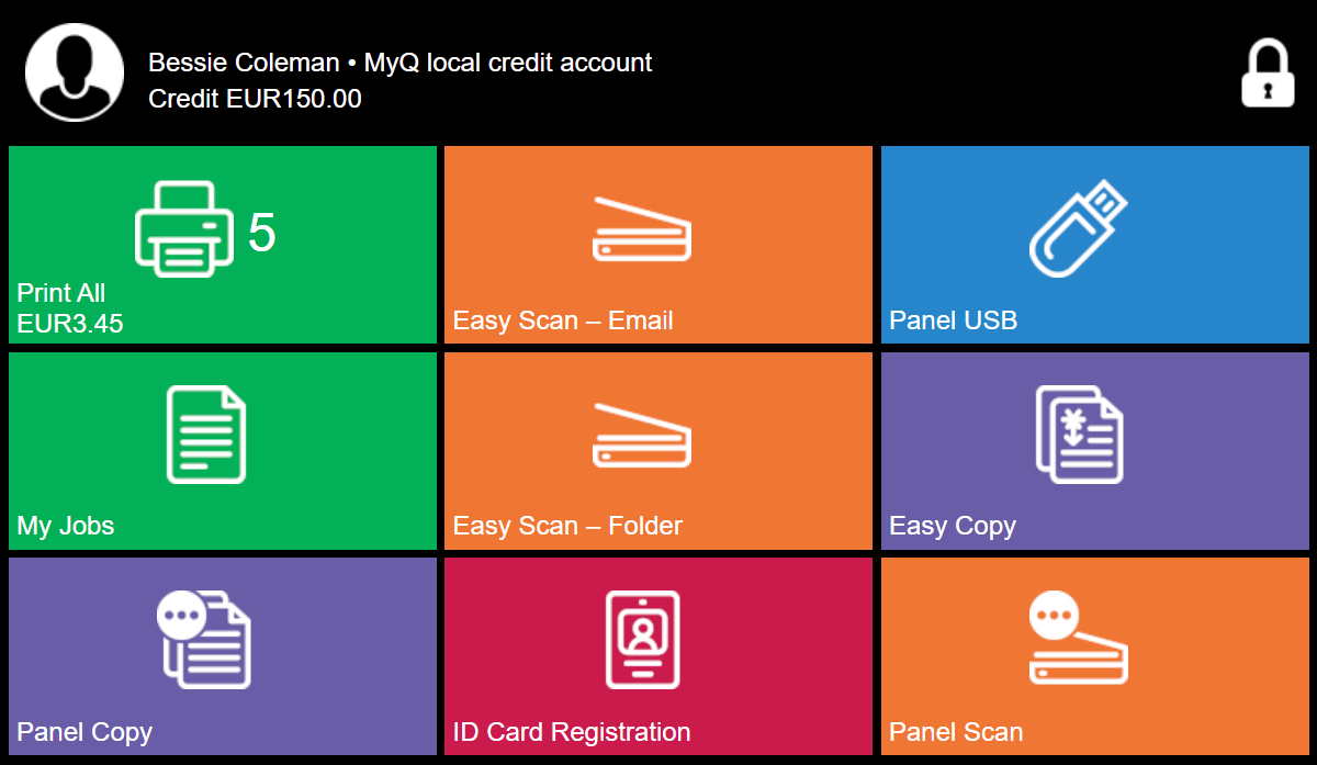 MyQ X Software - Top level view of the MyQ X embedded terminal and the selected actions.
