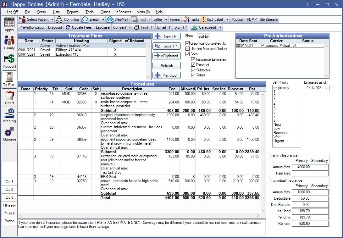 Open Dental Software - Treatment Plan Module. Used to display treatment planned procedures for a patient. Image displays example of treatment planned procedures and estimates.