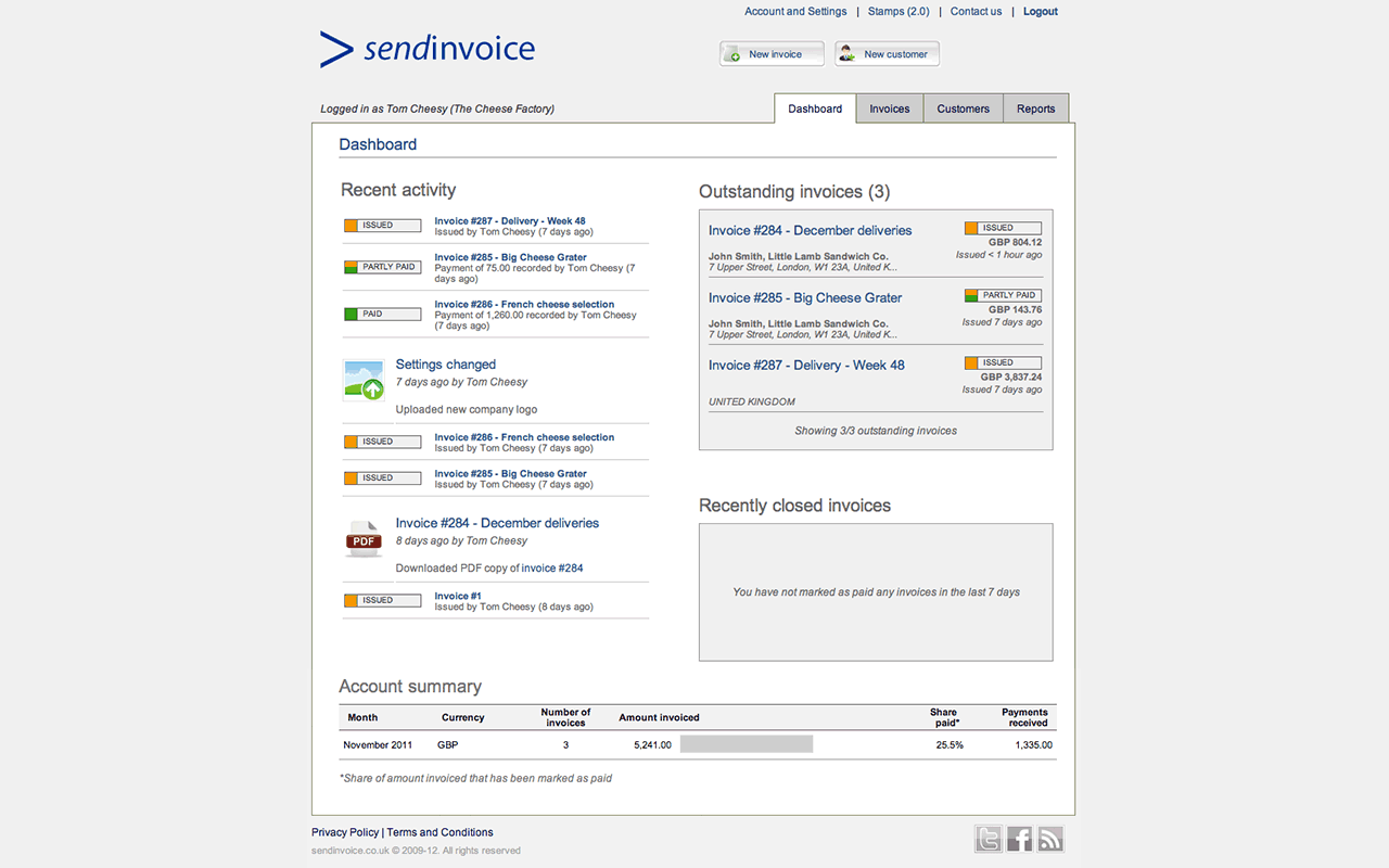 Send Invoice screenshot: Personalised dashboard