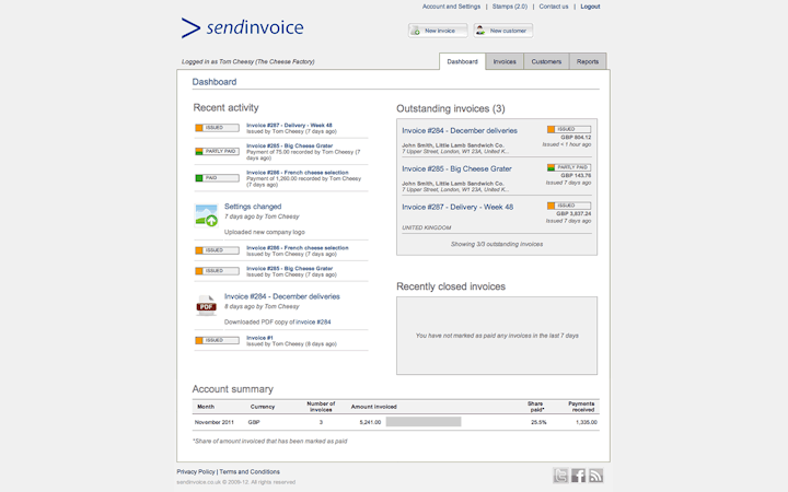 Send Invoice screenshot: Personalised dashboard