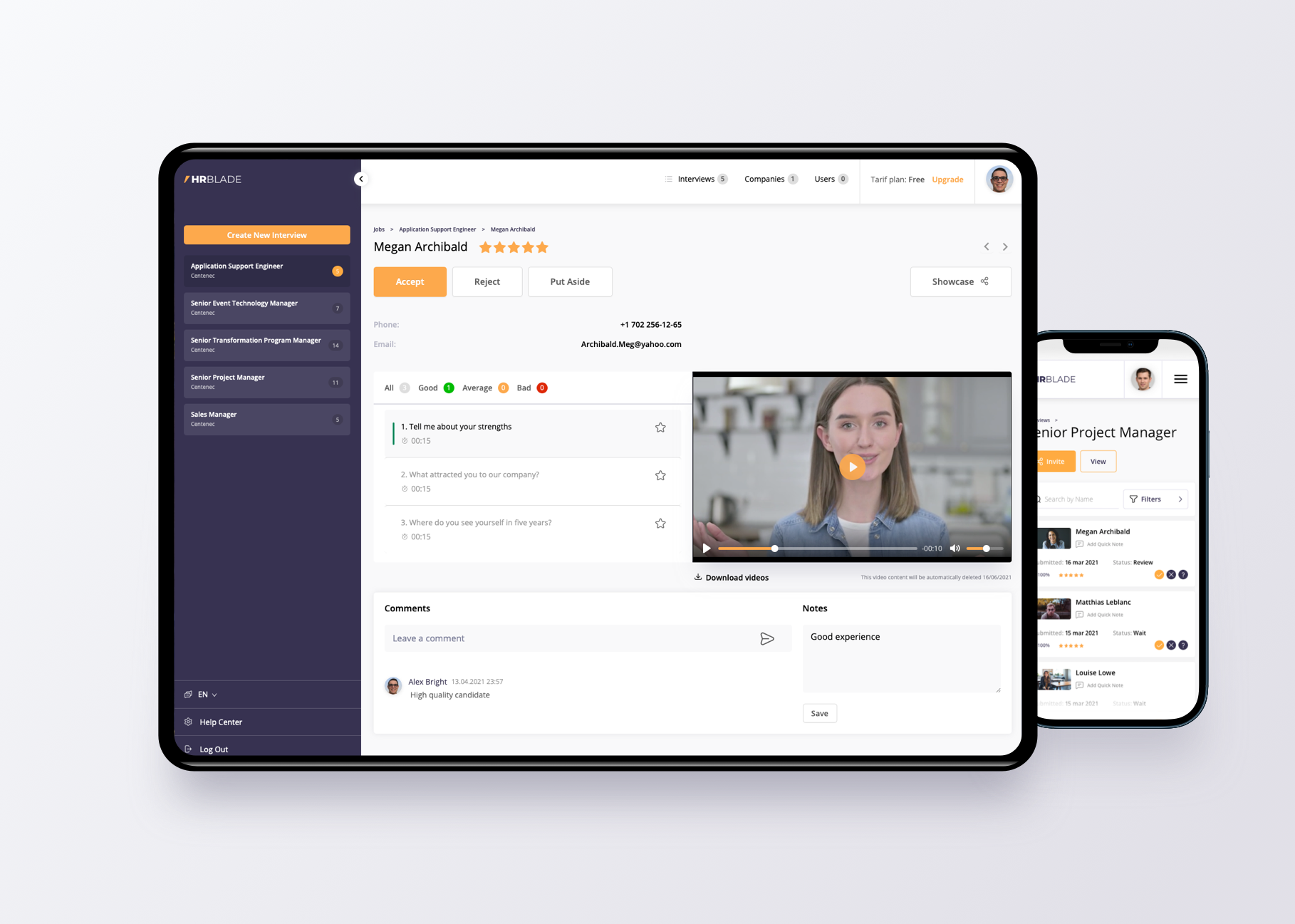 HRBlade screenshot: One-way video interviews and assessments