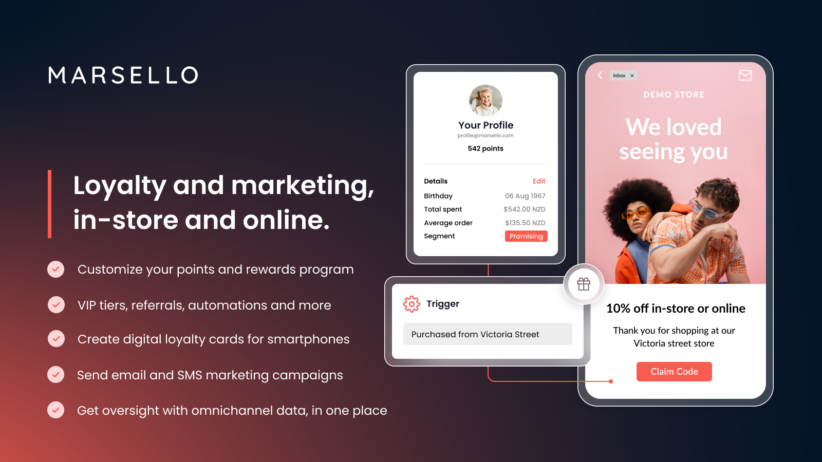 Marsello screenshot: Marsello brings all your loyalty marketing into one place. Points, rewards and sales tracking all work seamlessly, in-store and online.
