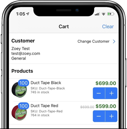 Zoey screenshot: Our new iOS mobile app allows salespeople to capture orders, create quotes or look up product/pricing information on the go, even when Internet is unavailable.