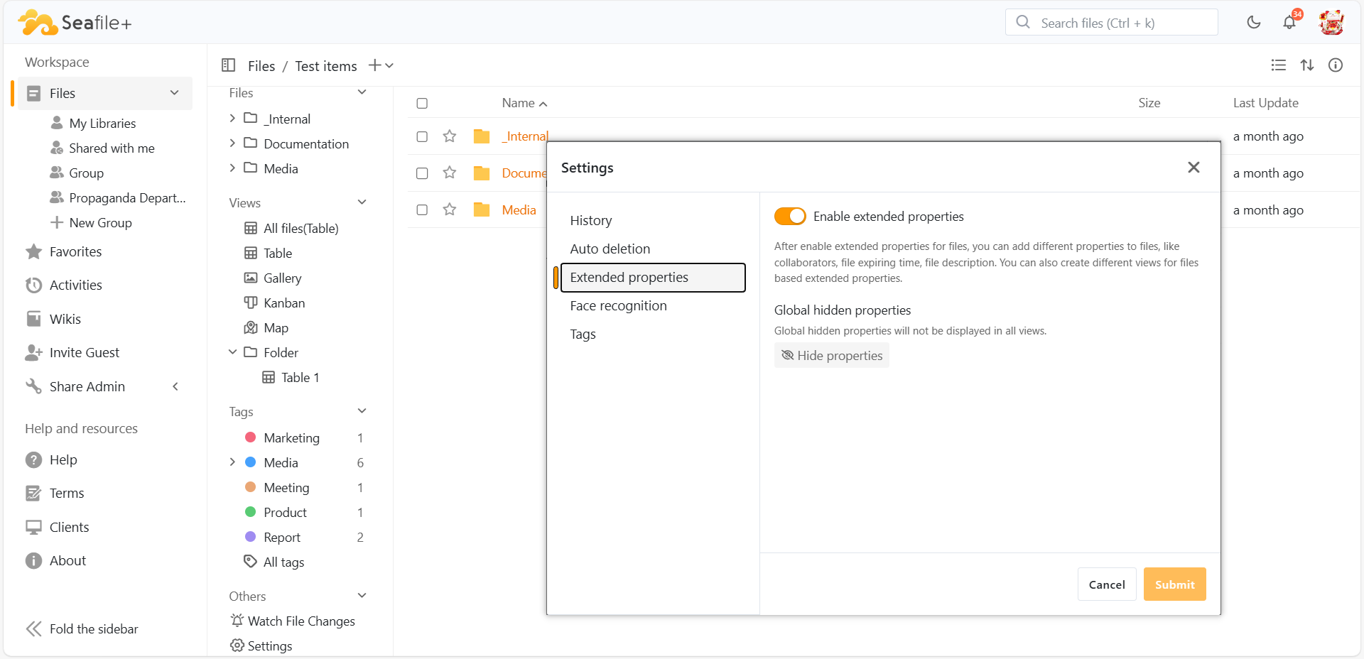 Seafile screenshot: Seafile extended properties