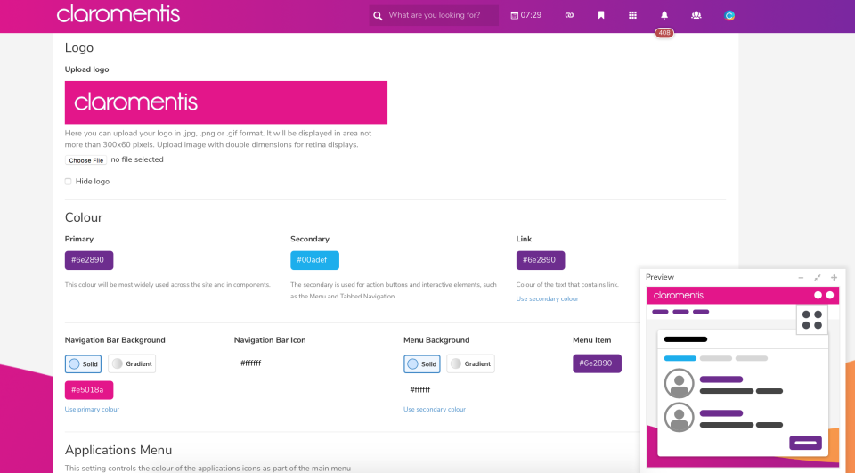 Intranet design tool, showing a selection of our customisation options